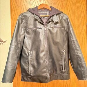 GUESS Women’s Black Leather Jacket with Hood